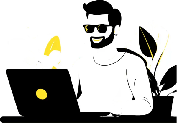 Illustration von einem Mann der in seinem Büro vor dem Laptop sitzt und lacht