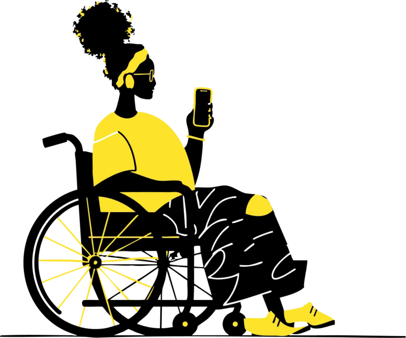 Illustration von einer Frau im Rollstuhl hält ein Handy in der linken Hand