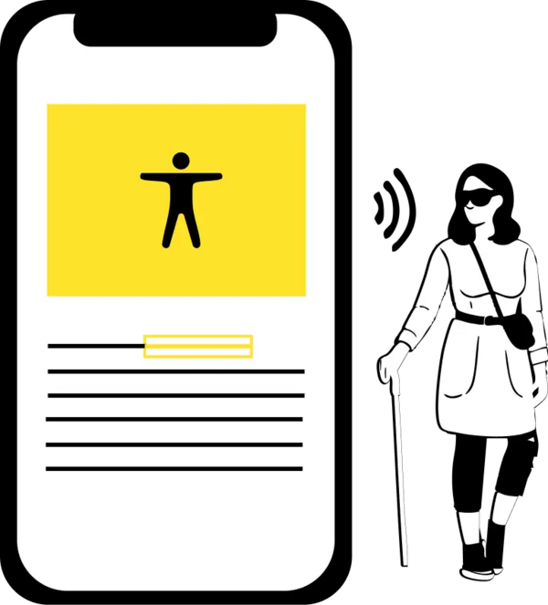 Illustration von einem großen Handy mit einer barrierenfreien Website und einer blinden Frau daneben